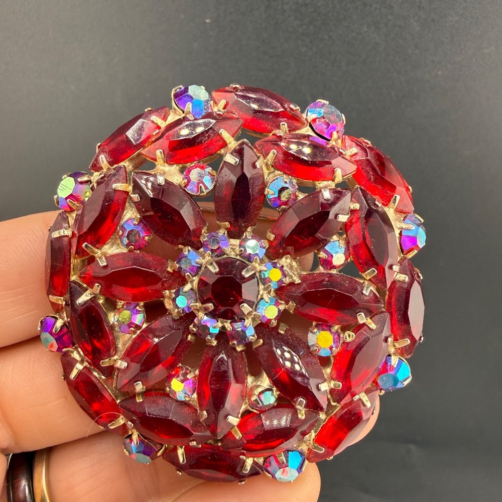Vintage Estate Rhinestone Brooch Bright Red Sparkle Open Back
